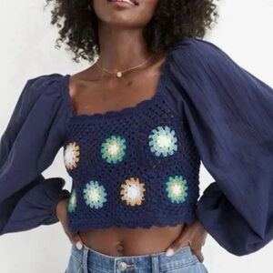 New Aerie Women’s Navy  Blue Floral Crochet Puff Sleeve Boho Crop Top Size S/P